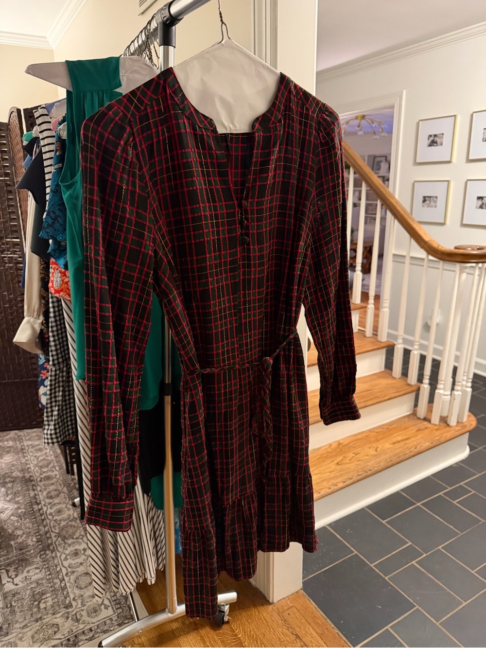 LOFT Red & Black Plaid Long-Sleeve Belted Dress